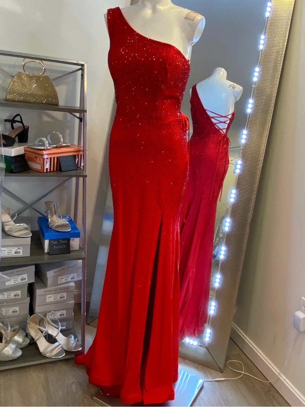 Red One-Shoulder Sequin Evening Gown